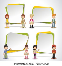 Pancartas vectoriales/antecedentes con niños de dibujos animados. Diseñar marcos de cuadro de texto. 

