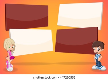 Pancartas vectoriales/antecedentes con niños de dibujos animados. Diseñar marcos de cuadro de texto. 