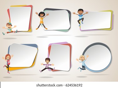 Vector banners / backgrounds with cartoon kids jumping. Design text box frames. 