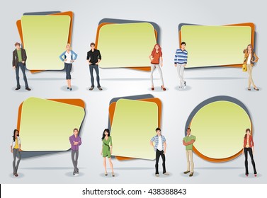 Vector banners / backgrounds with cartoon young people. Design text box frames. 
