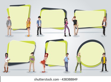 Pancartas vectoriales / fondos con jóvenes caricaturas. Diseñar marcos de cuadro de texto. 

