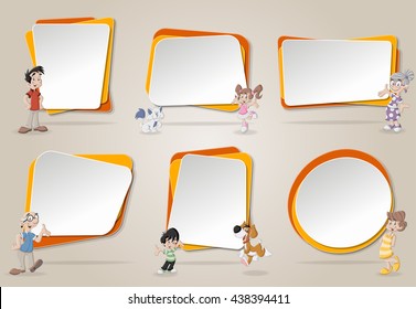 Vector Banners / Backgrounds With Cute Happy Cartoon Family With Pets. Design Text Box Frames. 
