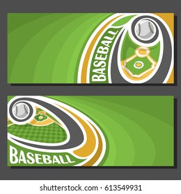 Vector banners for Baseball game: baseball ball flying on curve above baseball diamond sports field, 2 tickets to sporting tournament with empty field for title text on green art abstract background.