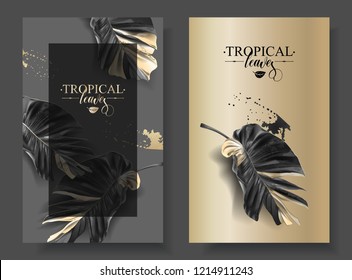 Vector banners with black gold tropical leaves and splashes. Luxury exotic botanical design for cosmetics, spa, perfume, aroma, beauty salon. Best as wedding invitation card