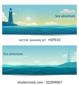 Vector banners. Blue sea background with waves and lighthouse. 