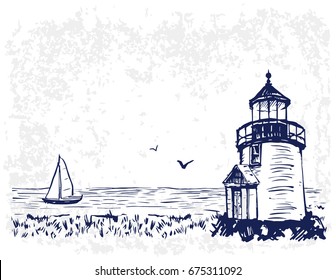 Vector banners. Blue sea background with waves and lighthouse. travel poster or luggage sticker. Hand drawn illustration of a lighthouse on Nantucket Island with sailing vessel.  svg