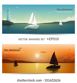 Vector banners. Blue sea  with yachts and lighthouse. Sunset at sea with yachts.  Sea voyage on the yacht. Yachting. 