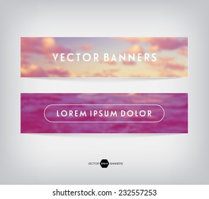 Vector banners with blurred unfocused photographic background. Cloudy sky and water surface