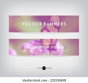 Vector banners with blurred unfocused retro photographic background. Summer flowers with butterfly.