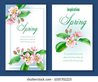 Vector banners with a branch of blossoming apple trees, inspired by spring.  Design for wedding invitations,  cosmetics,  healthcare products. 