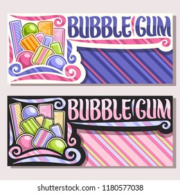 Vector banners for Bubble Gum with copy space, heap of colorful chewing bubblegums and fruit gummy candies, original brush typeface for words bubble gum, vivid illustration of variety kid sweets.