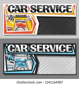Vector banners for Car Service with copy space, leaflets with set of different auto parts for various mechanic car system, original lettering for words car service, brochure for automotive industry.