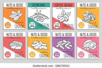 Vector banners or card nuts and seeds set. Hand drawn soybeans and coffee beans for packaging design product. Sketch almond, walnut, peanut or cashew, sunflower seed and coconut .