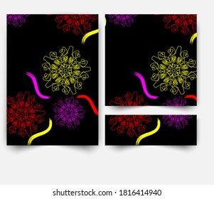Banderas vectoriales y tarjetas patrones circulares coloridos sobre fondo negro. Cupón de banners, tienda, regalo, compra, venta, web, tarjeta, certificado.