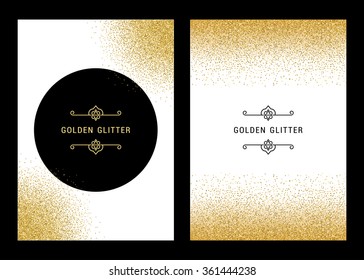 Vector banners and cards gold sparkles on black background. Gold background text. Banners voucher, store, present, shopping, sale, logo, web, card, vip, exclusive, certificate, gift, luxury, privilege