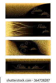 Vector banners and cards gold sparkles on black background. Gold background text. Banners voucher, store, present, shopping, sale, logo, web, card, vip, exclusive, certificate, gift, luxury, privilege