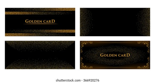 Vector banners and cards gold sparkles on black background. Gold background text. Banners voucher, store, present, shopping, sale, logo, web, card, vip, exclusive, certificate, gift, luxury, privilege