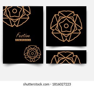 Vector banners and cards golden circular patterns on a black background. Banners coupon, shop, gift, buy, sale, web, card, certificate.