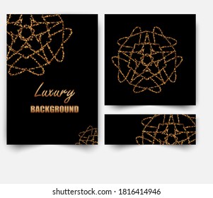 Vector banners and cards golden circular patterns on a black background. Banners coupon, shop, gift, buy, sale, web, card, certificate.