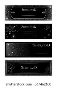 Vector banners and cards silver sparkles on black background. Banners voucher, store, present, shopping, sale, logo, web, card, vip, exclusive, certificate, gift, luxury, privilege