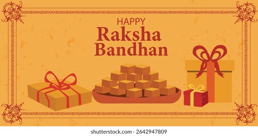 vector banners celebrating Happy Raksha Bandhan. Features sister tying Rakhi, gifts, sweets (mithai) and diyas. Ideal for Rakhi greetings and web banners.