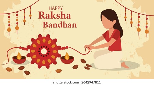 vector banners celebrating Happy Raksha Bandhan. Features sister tying Rakhi, gifts, sweets (mithai) and diyas. Ideal for Rakhi greetings and web banners.