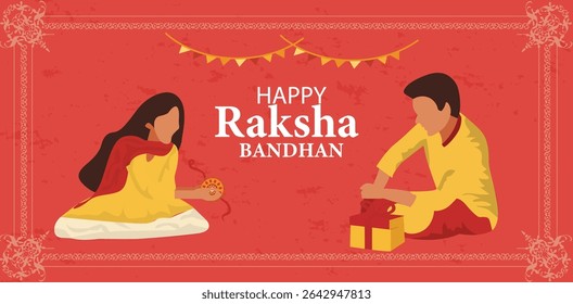 vector banners celebrating Happy Raksha Bandhan. Features sister tying Rakhi, gifts, sweets (mithai) and diyas. Ideal for Rakhi greetings and web banners.