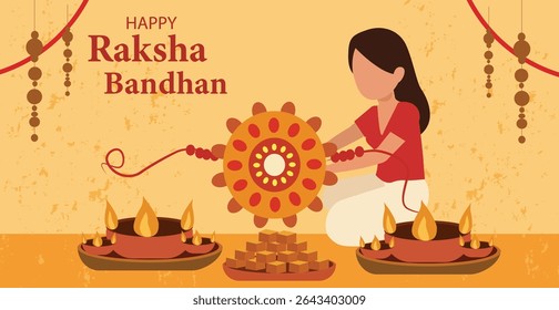 bandeiras vetoriais celebrando Happy Raksha Bandhan. Apresenta irmã amarrando Rakhi, presentes, doces (mithai) e diyas. Ideal para saudações Rakhi e banners da web.