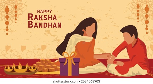 vector banners celebrating Raksha Bandhan. Features sister tying Rakhi on brother, sweets, gifts and diyas. Ideal for web headers, greetings and social media for Rakhi festival.
