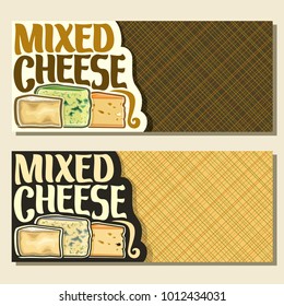 Vector banners for Cheese with copy space, slices of delicious Italian parmesan, french roquefort with blue mold and dutch maasdam with holes cheeses, original brush font for title text mixed cheese.
