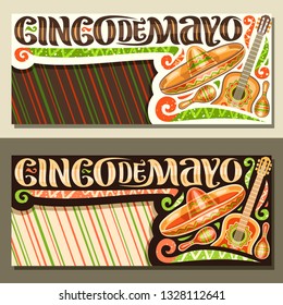 Vector banners for Cinco de Mayo holiday with copy space, layout with ethnic ornament, illustration of mexican hat, guitar and maracas, original lettering for words cinco de mayo on striped background