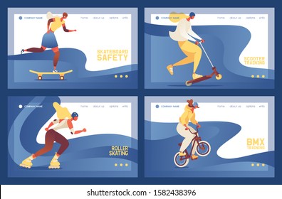 Vector banners collection about street sport activities like skateboard, scooter, roller skate and bmx bike. Blue wave decoration for landing page template. Characters drawn in modern flat style