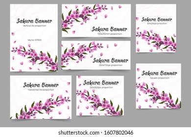 Vector banners collection with asian cherry branch and falling petals illustration in watercolor imitation technique. Banners template set with sakura branch with leaves and flowers anl flying petals.