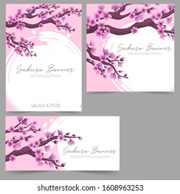 Vector banners collection with asian cherry branch and falling petals illustration in watercolor imitation  Banners template set with sakura branch with leaves and flowers and place for text