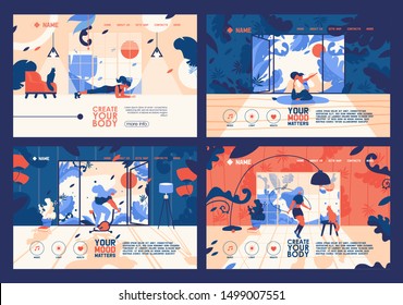 Vector banners collection with young flat women training at home. Vibrant orange and blue colors, floral elements and leaves, large windows at room. Landing pages for indoor workout, yoga and exercise