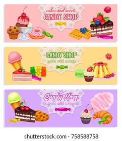 Vector banners confectionery and sweets icons. Donut and cotton candy, muffin, waffles, biscuits and jelly. Dessert, lollipop, ice cream with candied, macaron and pudding.