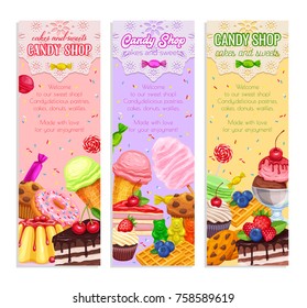 Vector banners confectionery and sweets icons. Donut and cotton candy, muffin, waffles, biscuits and jelly. Dessert, lollipop, ice cream with candied, macaron and pudding.