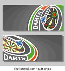 Vector banners for Darts game: thrown darts arrow on curve trajectory flying in dartboard target, 2 template tickets to sporting tournament with empty field for title text on black abstract background