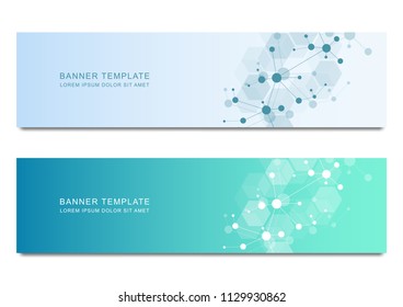 Vector banners design for medicine, science and digital technology. Molecular structure background and communication with connected lines and dots