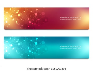 Vector banners design for medicine, science and digital technology. Molecular structure background and communication with connected lines and dots