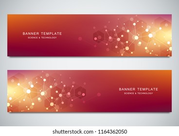 Vector banners design for medicine, science and digital technology. Molecular structure background and communication with connected lines and dots