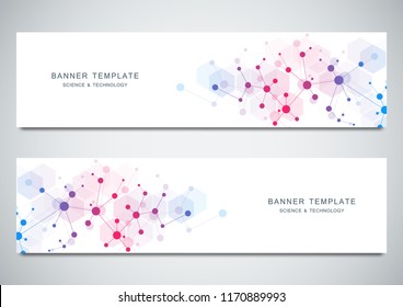 Vector banners design for medicine, science and digital technology. Molecular structure background and communication with connected lines and dots