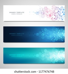 Vector banners design for medicine, science and digital technology. Molecular structure background and communication with connected lines and dots