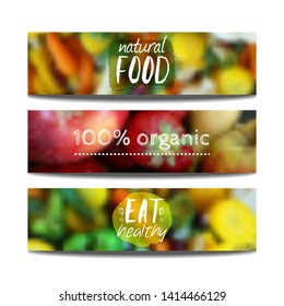 Vector banners design template with blur background with fruits and vegetables. Healthy fresh food, vegeterian and eco concept. Can be used for presentation, web, flyer, magazine, cover, poster.