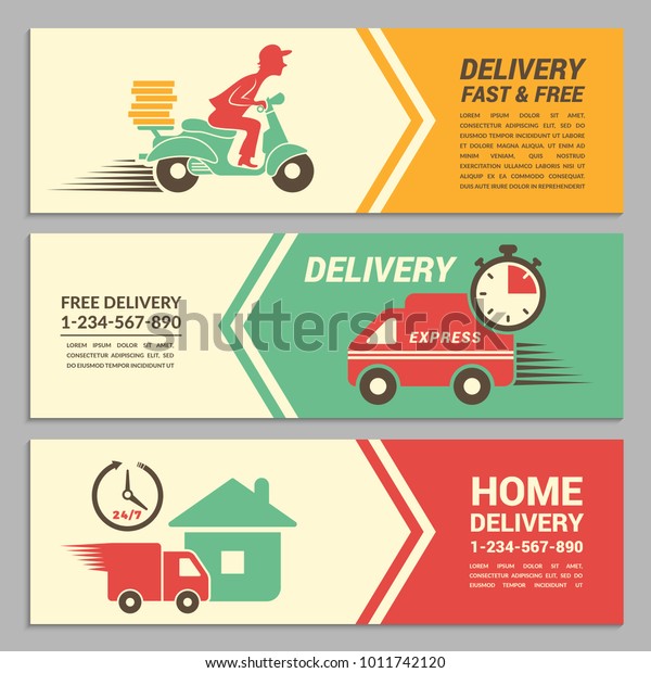 Vector\
banners design template for fast delivery service. Delivery home\
poster or banner template color\
illustration