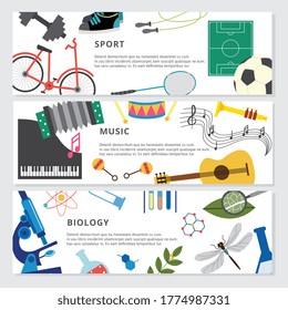 Vector banners with elements of school subjects. School supplies for physical education, music, and biology. Set of flat vector illustrations back to school.