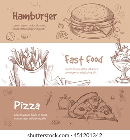 Vector banners of fast food design in hand drawn style. Bannner fast food and pizza for menu, illustration breakfast fast food