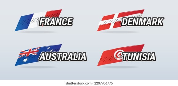 Vektorbanner mit Ländernamen mit nationalen Flaggen für Frankreich, Australien, Dänemark und Tunesien, für die Weltmeisterschaft und andere Sportarten, in handgezeichneter Illustration.