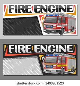 Vector banners for Fire Engine with copy space, leaflets with red modern firetrucks with white and yellow stripe and blue alarm lights, original lettering for words fire engine on abstract background.