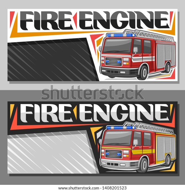 Vector banners for Fire Engine with copy\
space, leaflets with red modern firetrucks with white and yellow\
stripe and blue alarm lights, original lettering for words fire\
engine on abstract\
background.